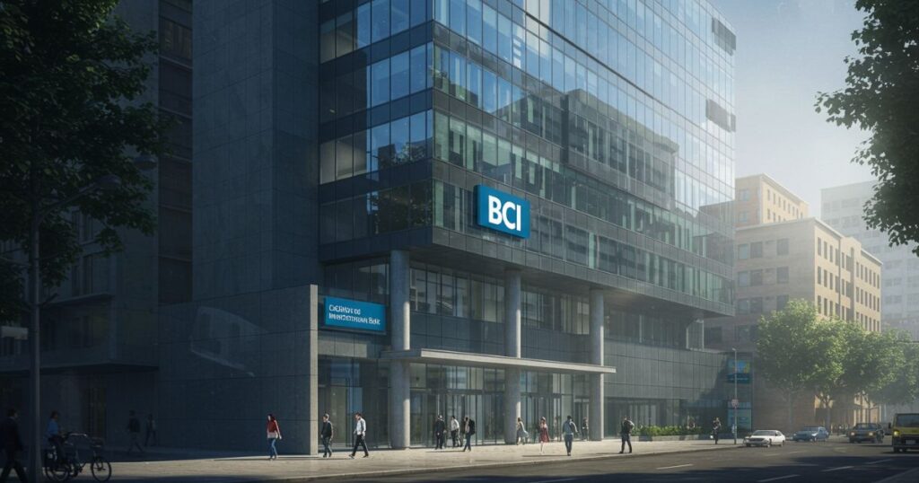 Banco de Crédito e Inversiones: Edificio moderno de cristal en una calle de la ciudad, con el logotipo 'BCI' visible en la fachada. En la base del edificio, se lee 'BANCO DE CRÉDITO E INVERSIONES BCI'. Varias personas caminan por la acera y se ven algunos vehículos en la calle.