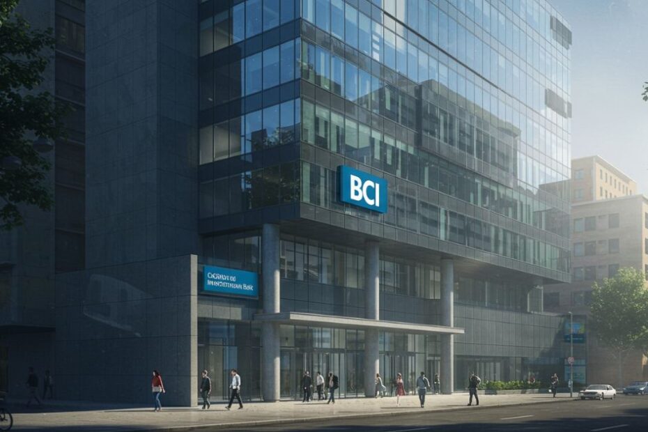 Edificio moderno de cristal en una calle de la ciudad, con el logotipo 'BCI' visible en la fachada. En la base del edificio, se lee 'BANCO DE CRÉDITO E INVERSIONES BCI'. Varias personas caminan por la acera y se ven algunos vehículos en la calle.