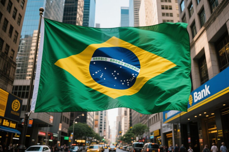 Bandera de Brasil en una calle concurrida de la ciudad