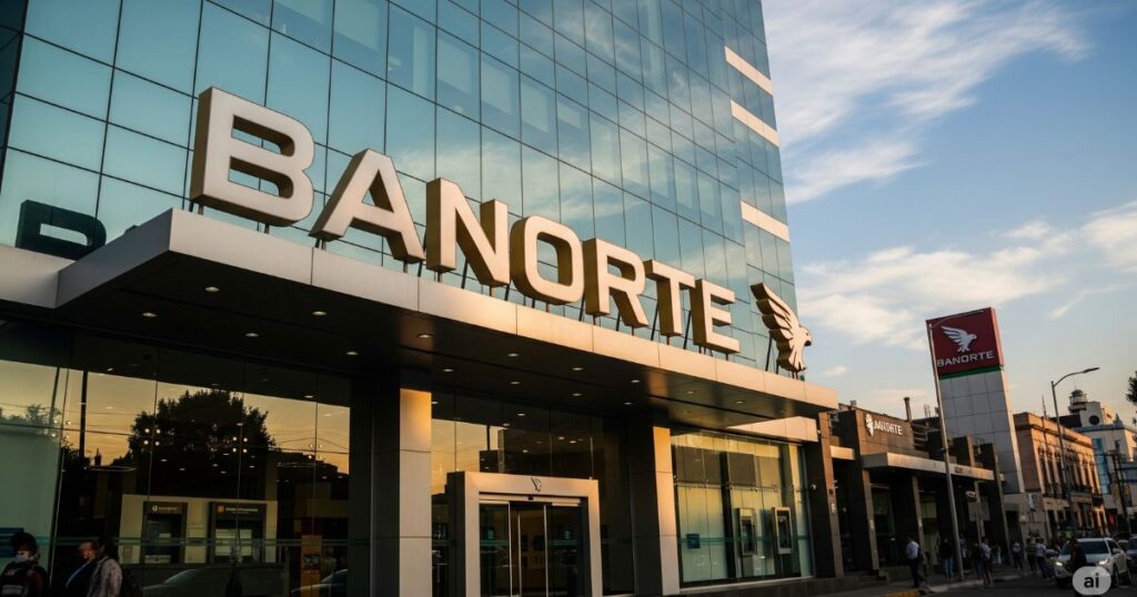 Banorte: Edificio moderno de cristal que alberga una sucursal y oficinas de Banorte, un banco mexicano. El letrero grande con el nombre 'BANORTE' y el logotipo del águila se ve en la fachada. En la calle se ven personas y otros edificios.