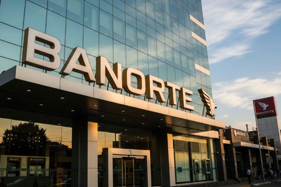 Edificio moderno de cristal que alberga una sucursal y oficinas de Banorte, un banco mexicano. El letrero grande con el nombre 'BANORTE' y el logotipo del águila se ve en la fachada. En la calle se ven personas y otros edificios.