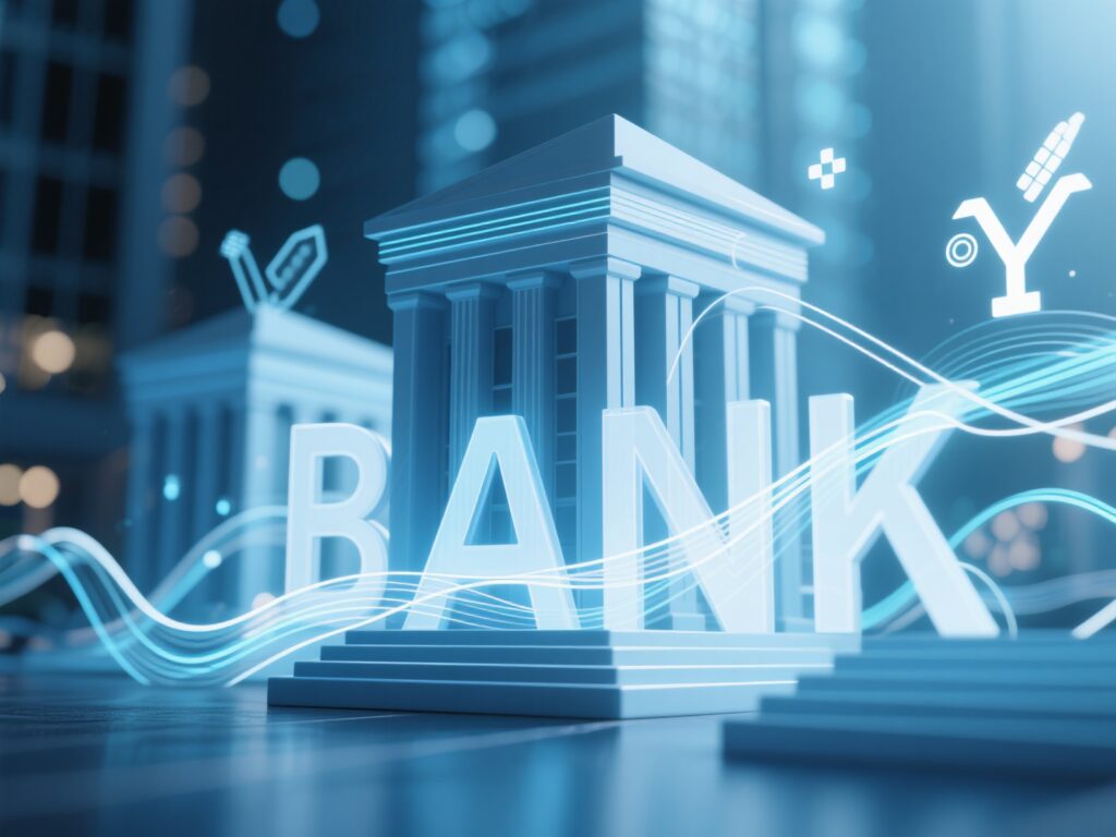 Bancos de América Latina:Una representación digital estilizada de un edificio de banco clásico con columnas, en tonos azules y blancos brillantes, con un efecto de iluminación futurista. La palabra "BANK" está escrita en letras grandes y blancas en la parte delantera del edificio. Ondas de luz azul brillante fluyen alrededor del edificio y la palabra, creando una sensación de energía y modernidad. En el fondo, se vislumbran siluetas borrosas de otros edificios en la misma paleta de colores, sugiriendo un entorno urbano futurista. También hay iconos blancos flotando alrededor del edificio principal, como un candado abierto, una flecha apuntando hacia arriba, un símbolo que parece una mazorca de maíz estilizada dentro de un círculo con una línea vertical, y una cruz. La superficie sobre la que se asienta el banco parece lisa y reflectante.