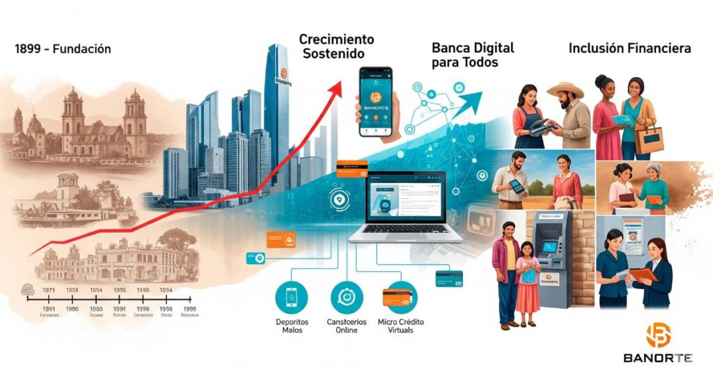 Una infografía que muestra la historia y los servicios de Banorte. A la izquierda, se representa su fundación en 1899 y su crecimiento a través del tiempo, simbolizado por edificios antiguos y modernos y una línea de tiempo. Al centro, se muestran servicios digitales como la banca móvil, pagos en línea y microcréditos. A la derecha, se ilustra la inclusión financiera a través de imágenes de personas usando cajeros automáticos, agricultores con dispositivos móviles y mujeres haciendo transacciones digitales, representando la llegada del banco a diferentes segmentos de la población.