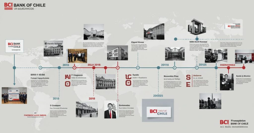 Banco de Crédito e Inversiones: Una infografía visual que traza la historia del banco chileno BCI. Muestra una línea de tiempo con fotografías en blanco y negro de edificios históricos del banco, junto a imágenes más recientes de su evolución y oficinas modernas. También se incluyen logotipos, eventos clave y fotos de personas, representando hitos en la trayectoria del banco.