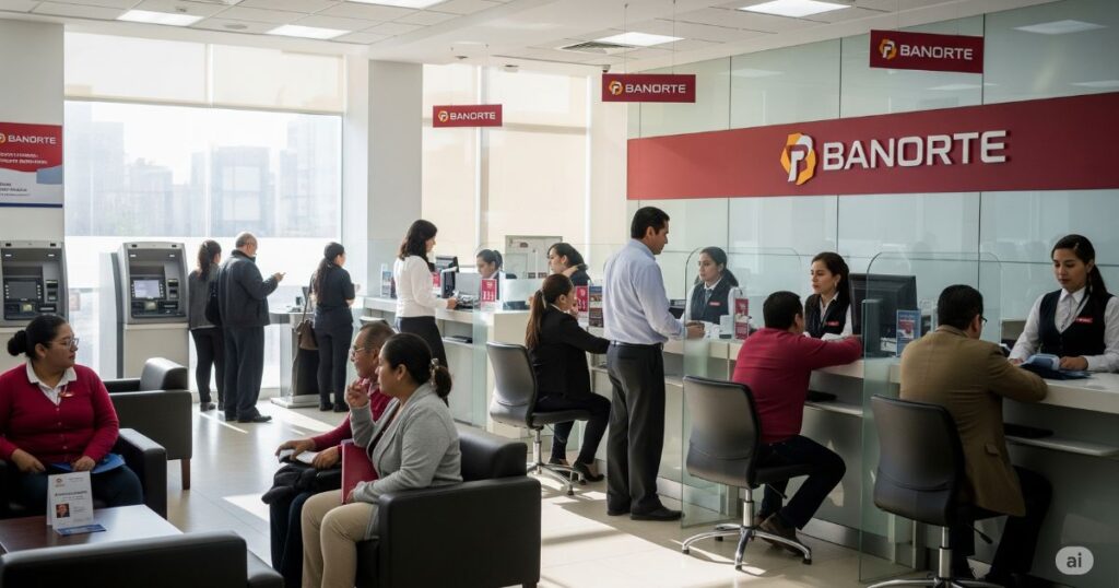 El interior de una sucursal bancaria de Banorte en México. Se ven varios clientes sentados y de pie, así como empleados del banco interactuando con ellos en los mostradores y en una zona de atención a clientes. El logotipo de Banorte es visible en varios lugares.