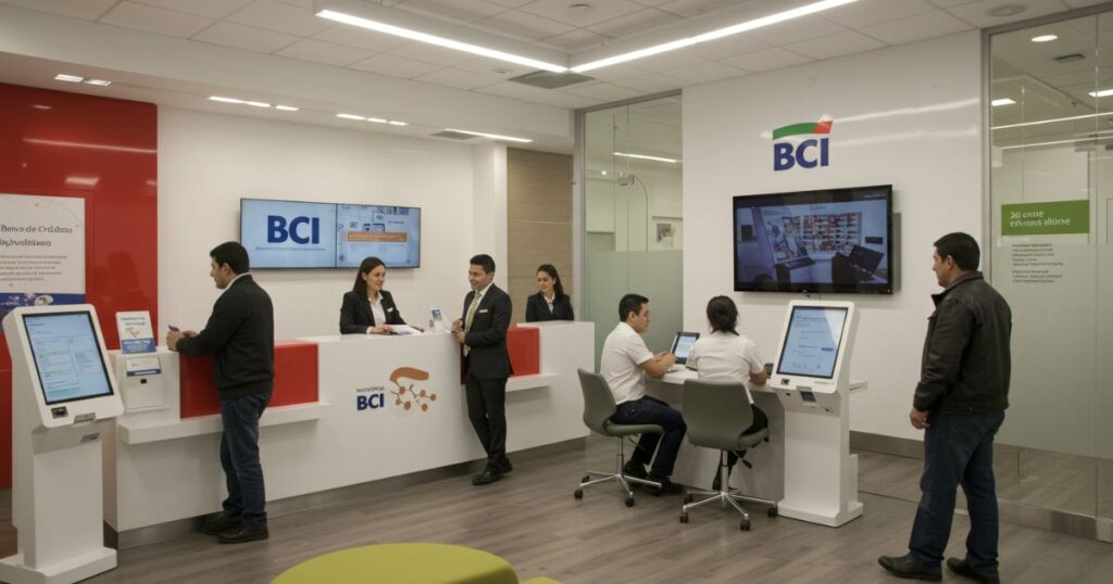 Banco de Crédito e Inversiones: El interior de una sucursal bancaria del BCI, con un diseño moderno. Empleados y clientes interactúan en los mostradores y en una zona de atención digital con pantallas táctiles. El logotipo de la empresa es prominente en las paredes y en las pantallas.